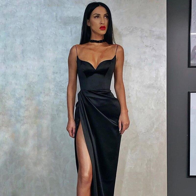 Black Satin Spaghetti Straps Low Cut Long Dress Women