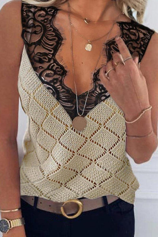 Eyelash V Neck Geometric Diamond Knit Tank Top