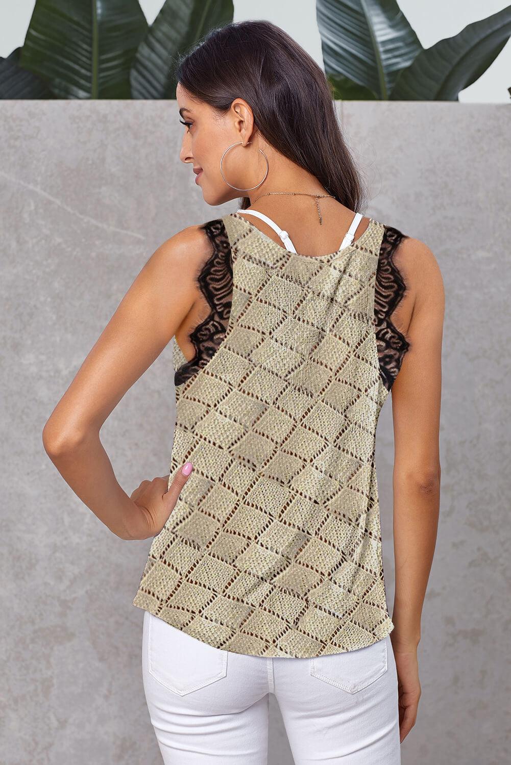 Eyelash V Neck Geometric Diamond Knit Tank Top