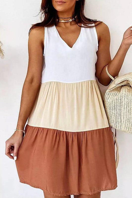 V Neck Colorblock Sleeveless Babydoll Tiered Dress