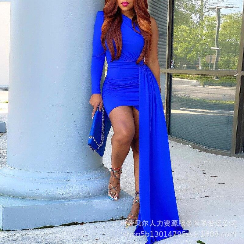 Women Sheath High Waist Mini Dress Evening  One Shoulder Asymmetrical Party Dress Fashion Summer Spring Solid Color