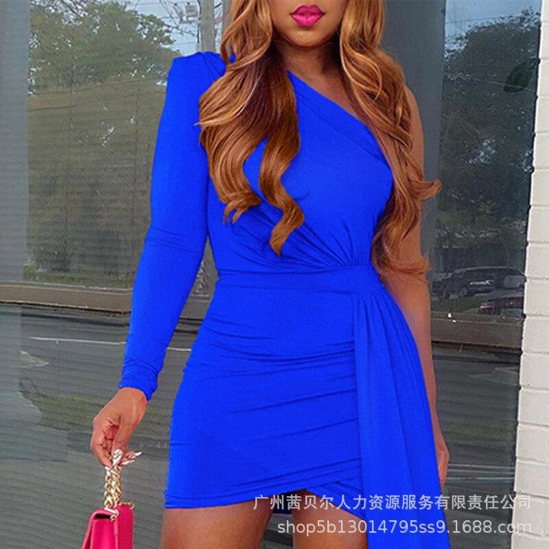 Women Sheath High Waist Mini Dress Evening  One Shoulder Asymmetrical Party Dress Fashion Summer Spring Solid Color