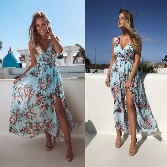 Blue Floral Printed Long Maxi Dress Deep V-neck Summer Beach Evening Party Sundress Sleeveless