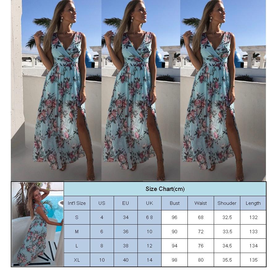 Blue Floral Printed Long Maxi Dress Deep V-neck Summer Beach Evening Party Sundress Sleeveless