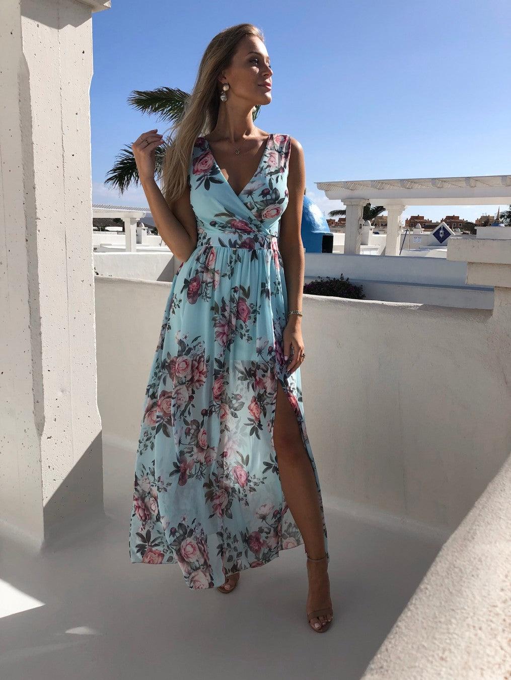 Blue Floral Printed Long Maxi Dress Deep V-neck Summer Beach Evening Party Sundress Sleeveless