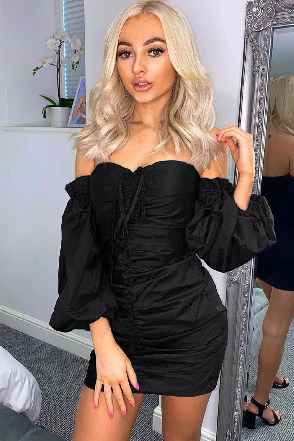 Off The Shoulder Bubble Sleeve Ruched Bodycon Mini Dress