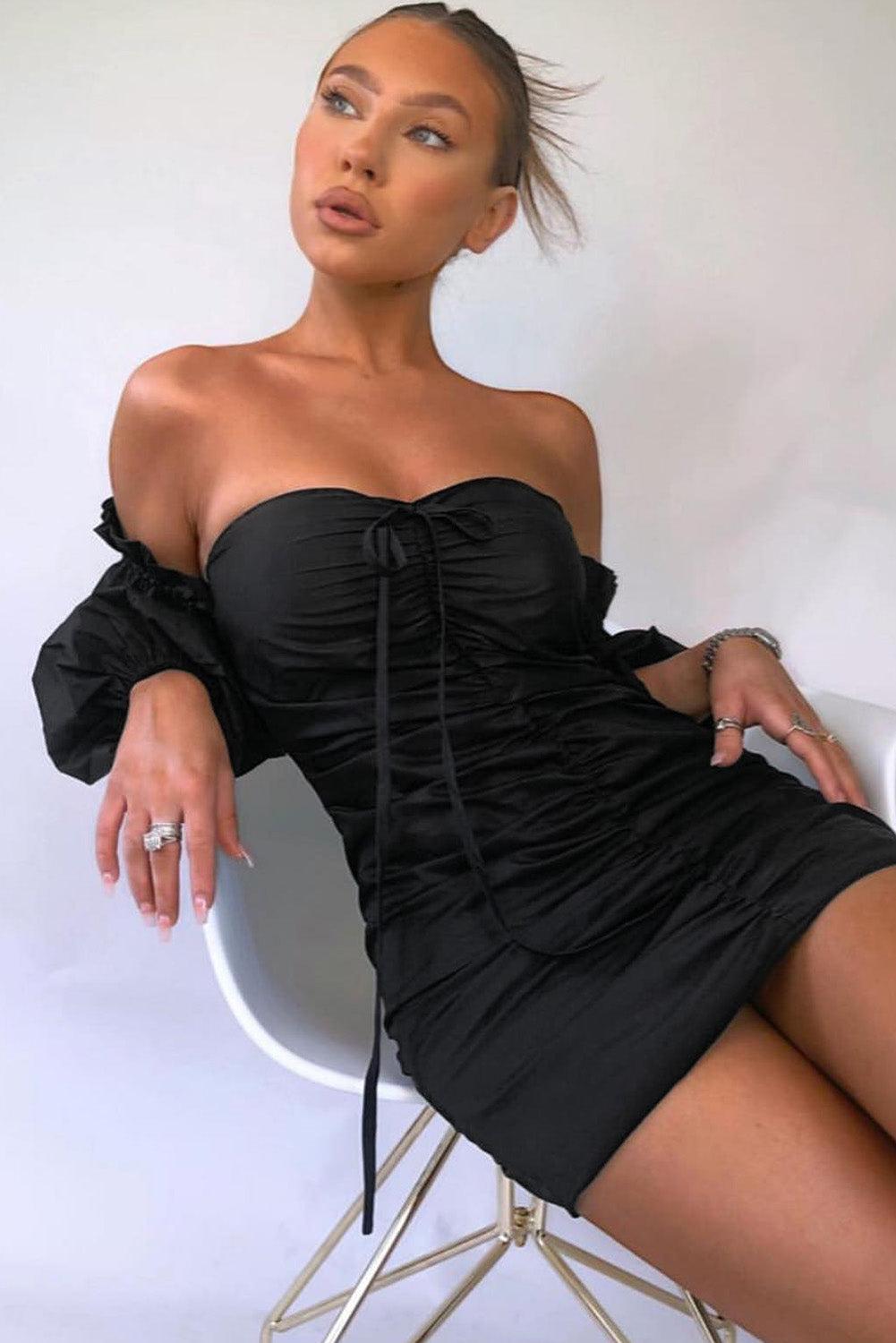 Off The Shoulder Bubble Sleeve Ruched Bodycon Mini Dress