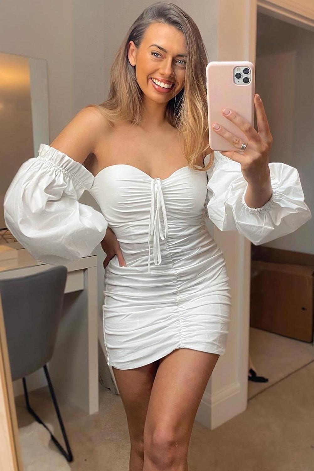 Off The Shoulder Bubble Sleeve Ruched Bodycon Mini Dress