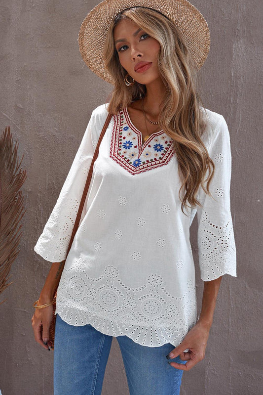 Embroidered Floral Hollow-out Bell Sleeve Blouse