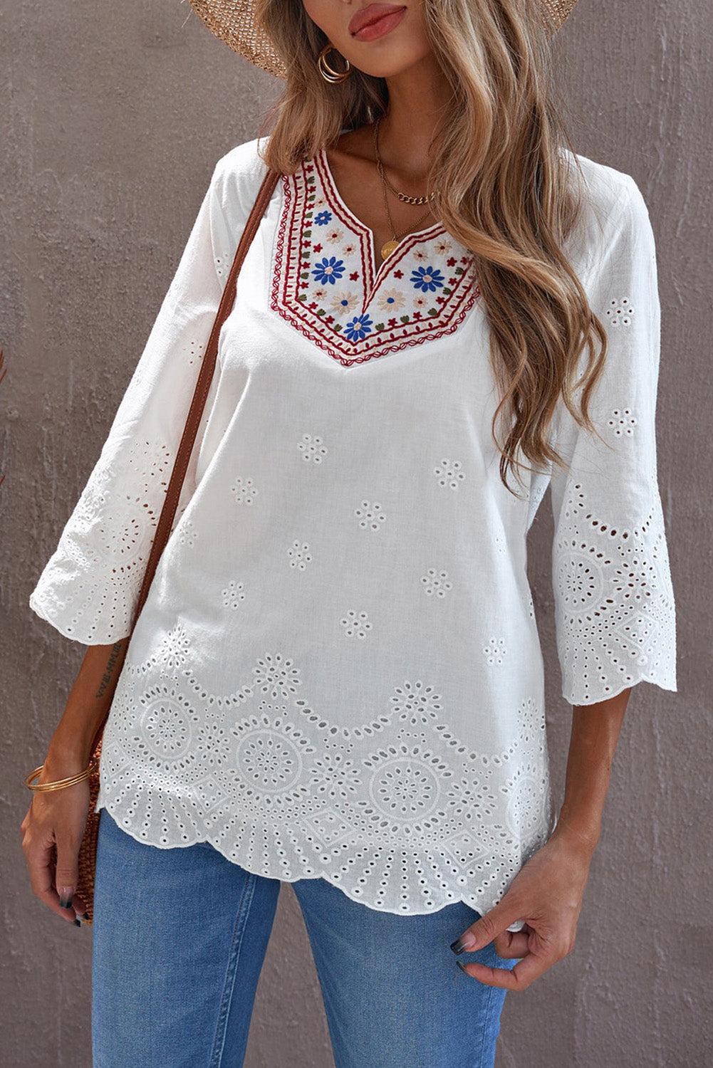 Embroidered Floral Hollow-out Bell Sleeve Blouse