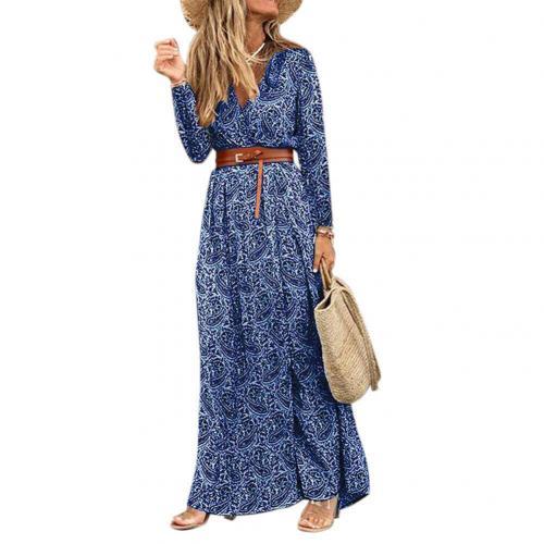 Bohomian Women Dress Paisley Print Long Sleeve V Neck Long Dresses for Women High Split Beach Dress Women Maxi Dress with Belt