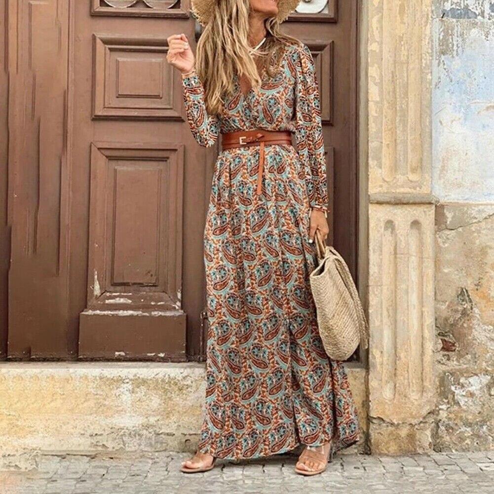 Bohomian Women Dress Paisley Print Long Sleeve V Neck Long Dresses for Women High Split Beach Dress Women Maxi Dress with Belt