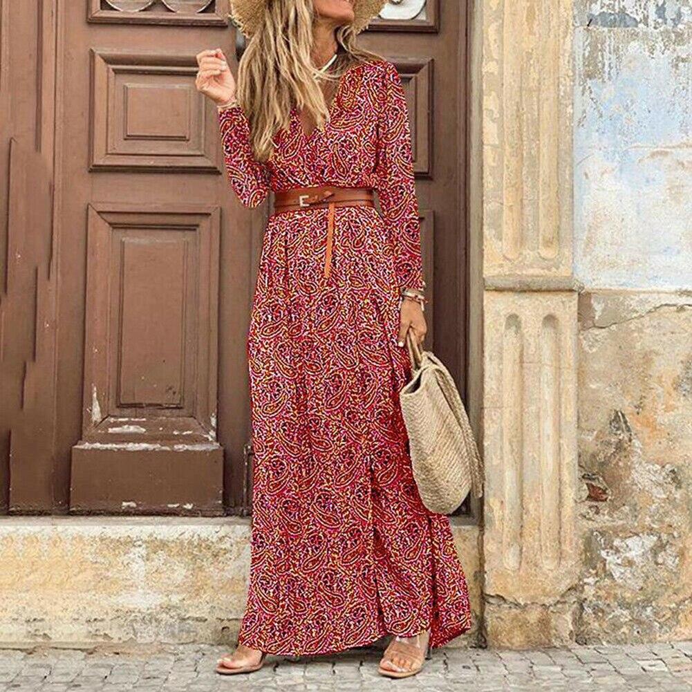Bohomian Women Dress Paisley Print Long Sleeve V Neck Long Dresses for Women High Split Beach Dress Women Maxi Dress with Belt