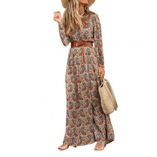 Bohomian Women Dress Paisley Print Long Sleeve V Neck Long Dresses for Women High Split Beach Dress Women Maxi Dress with Belt