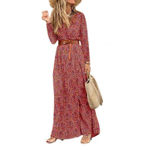 Bohomian Women Dress Paisley Print Long Sleeve V Neck Long Dresses for Women High Split Beach Dress Women Maxi Dress with Belt