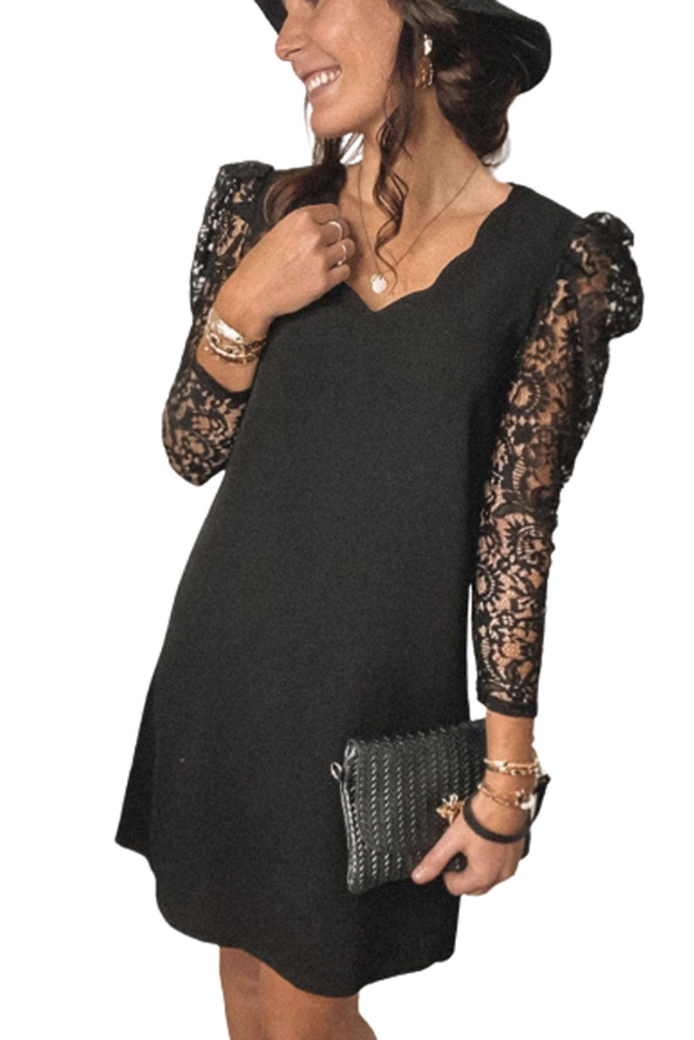 Scalloped V Neck Lace Sleeve Splicing Shift Mini Dress