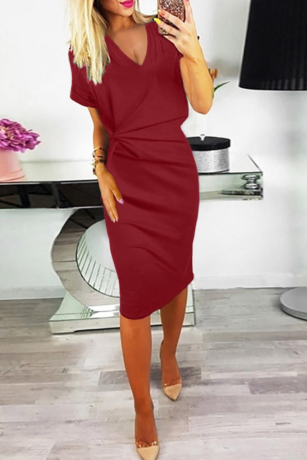 V Neck Cutout Inverted Pleat Bodycon Dress