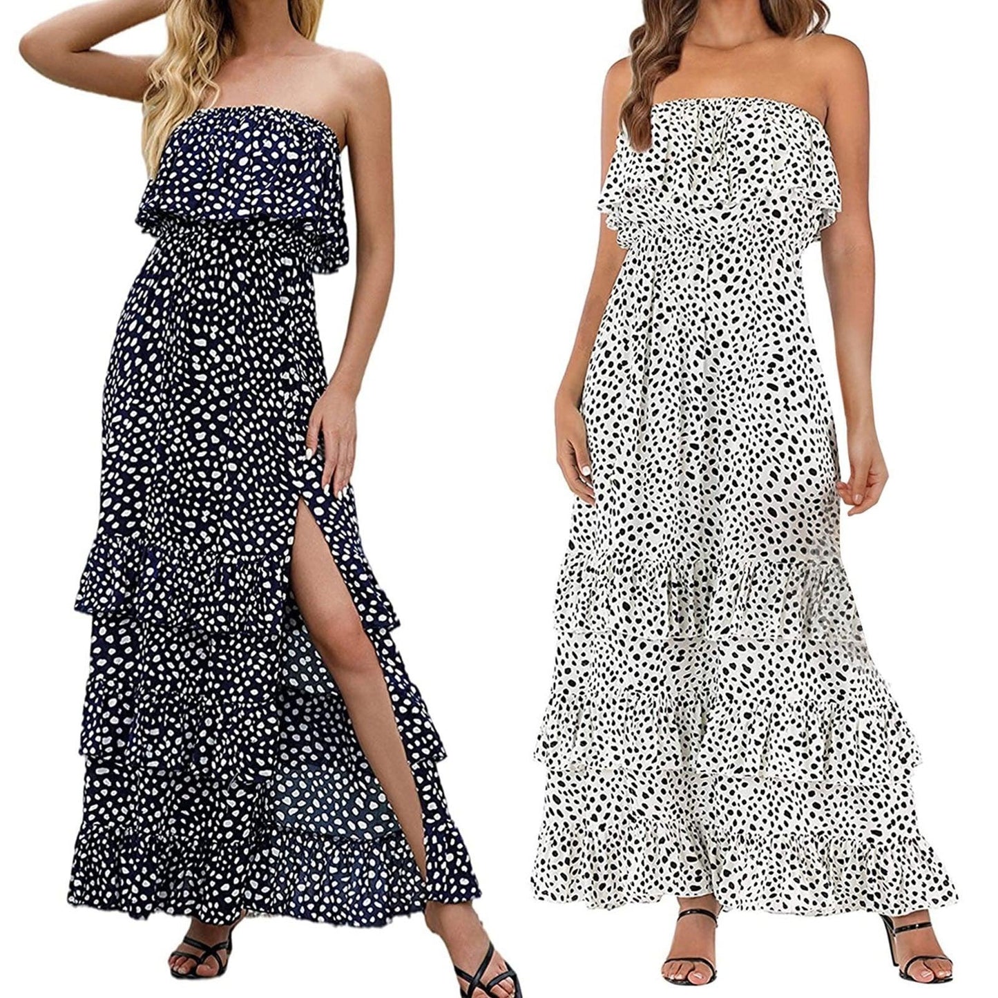 Summer Vacation High Waist Split Maxi Dress Women's Floral Prints Ruffle Hem Strapless Bohemian Long Dreess Floor-Length Dress