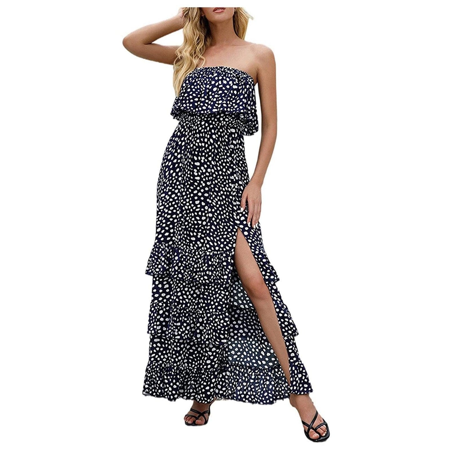 Summer Vacation High Waist Split Maxi Dress Women's Floral Prints Ruffle Hem Strapless Bohemian Long Dreess Floor-Length Dress