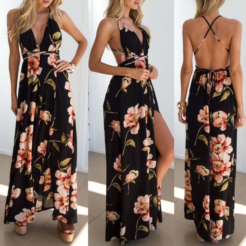 Summer dress 2020 Floral Vestidos Mujeres  Maxi Dress Long Pleated Dresses Backless robe femme robe longue evenning-dress