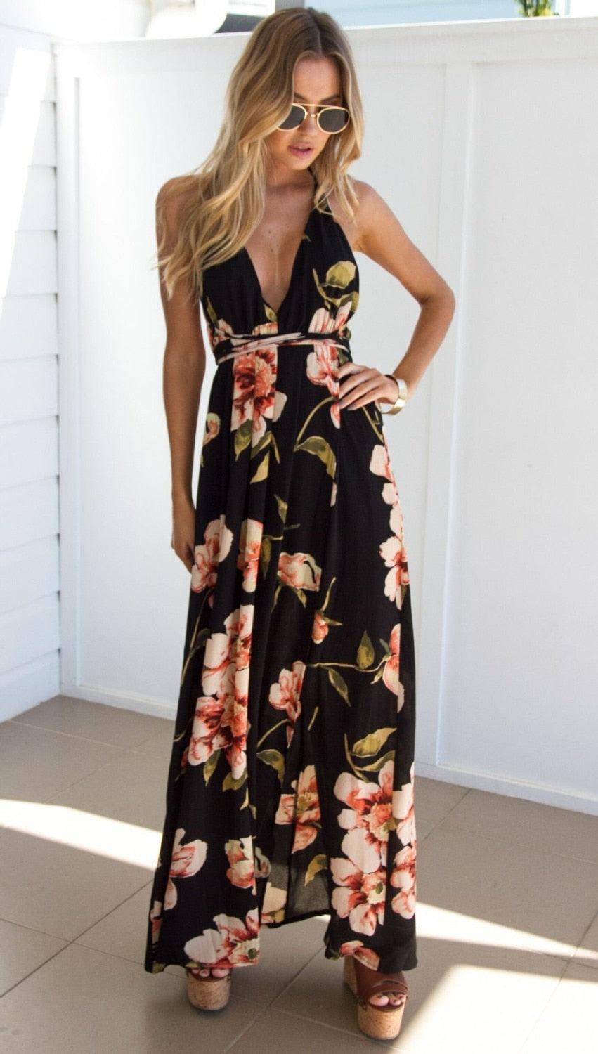 Summer dress 2020 Floral Vestidos Mujeres  Maxi Dress Long Pleated Dresses Backless robe femme robe longue evenning-dress