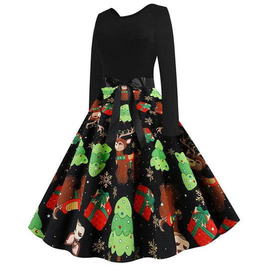 Women Vintage Christmas Dress Elegant Black Print Winter Casual Midi Long Sleeve  Party Dress