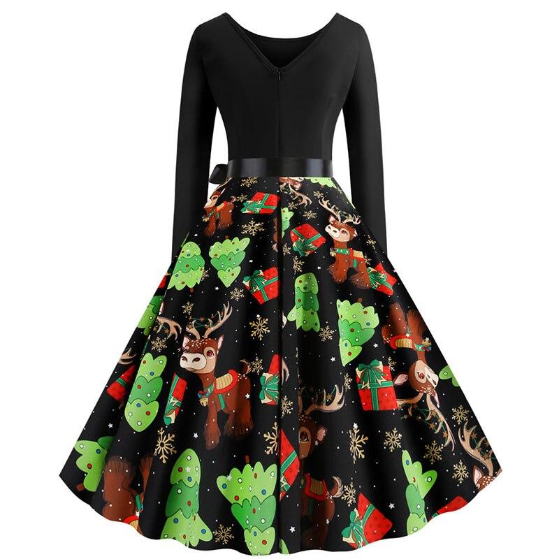 Women Vintage Christmas Dress Elegant Black Print Winter Casual Midi Long Sleeve  Party Dress