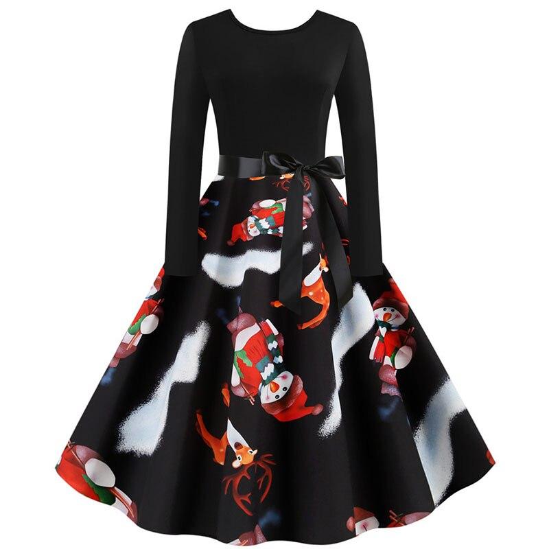 Women Vintage Christmas Dress Elegant Black Print Winter Casual Midi Long Sleeve  Party Dress