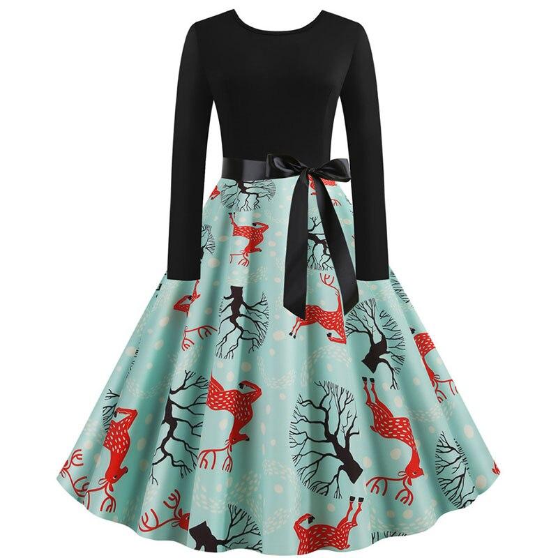 Women Vintage Christmas Dress Elegant Black Print Winter Casual Midi Long Sleeve  Party Dress