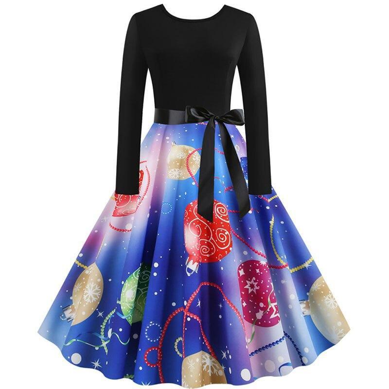 Women Vintage Christmas Dress Elegant Black Print Winter Casual Midi Long Sleeve  Party Dress