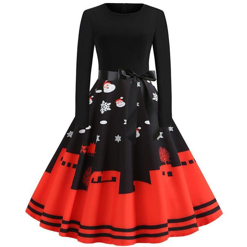 Women Vintage Christmas Dress Elegant Black Print Winter Casual Midi Long Sleeve  Party Dress