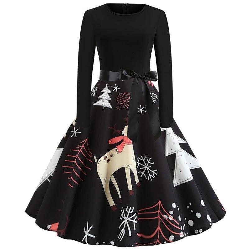 Women Vintage Christmas Dress Elegant Black Print Winter Casual Midi Long Sleeve  Party Dress
