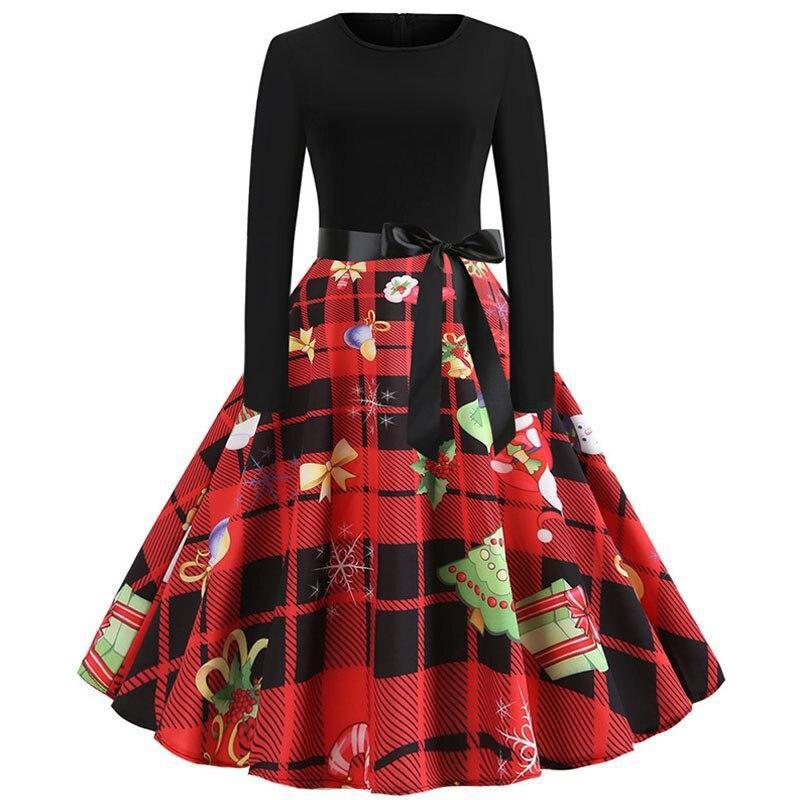 Women Vintage Christmas Dress Elegant Black Print Winter Casual Midi Long Sleeve  Party Dress