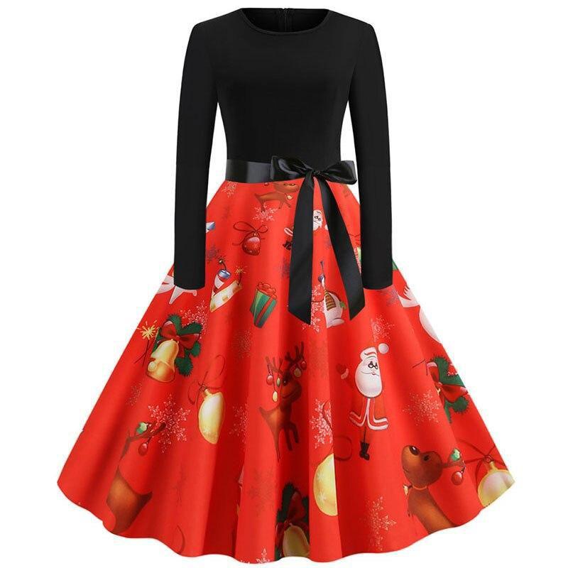 Women Vintage Christmas Dress Elegant Black Print Winter Casual Midi Long Sleeve  Party Dress
