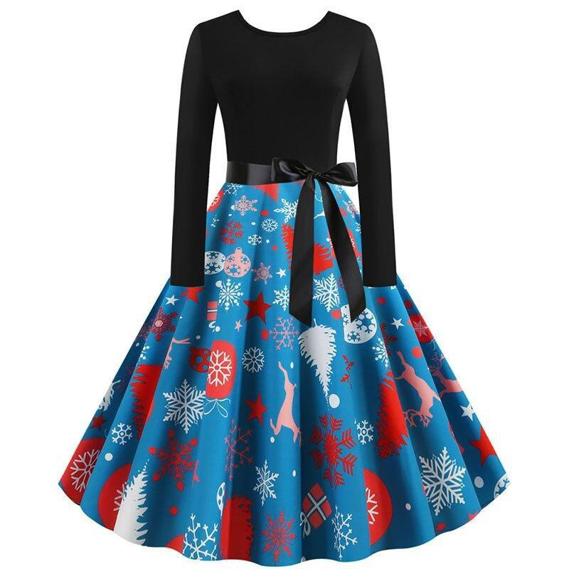 Women Vintage Christmas Dress Elegant Black Print Winter Casual Midi Long Sleeve  Party Dress