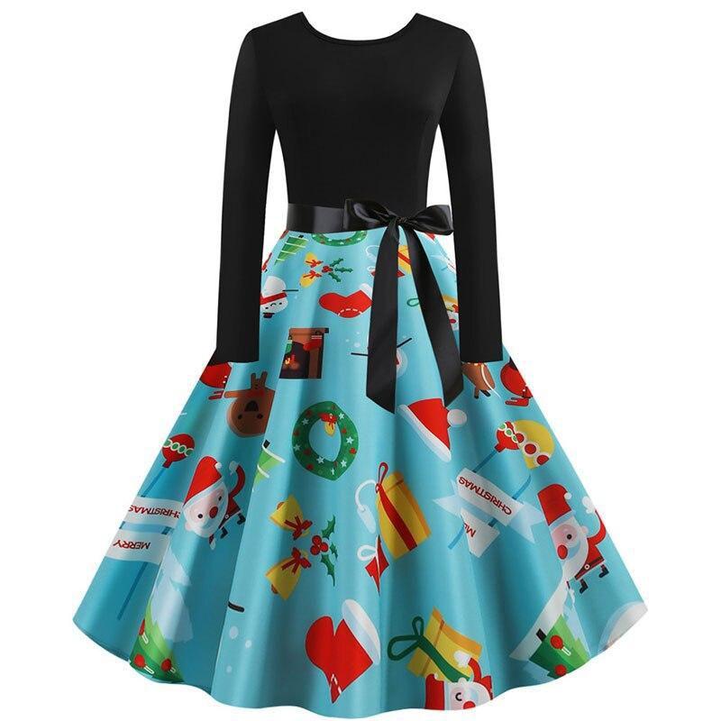 Women Vintage Christmas Dress Elegant Black Print Winter Casual Midi Long Sleeve  Party Dress
