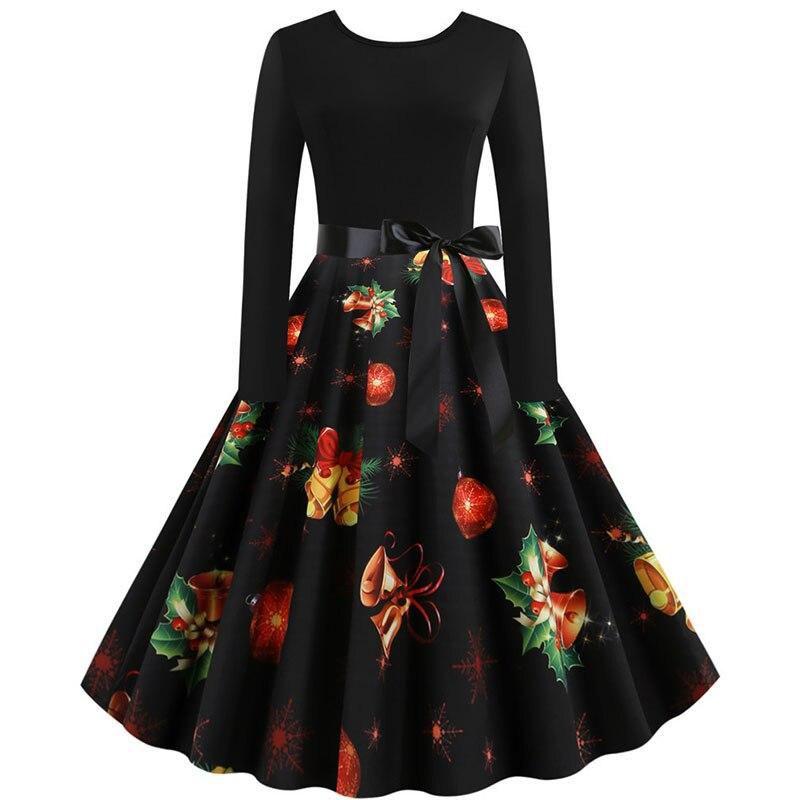 Women Vintage Christmas Dress Elegant Black Print Winter Casual Midi Long Sleeve  Party Dress