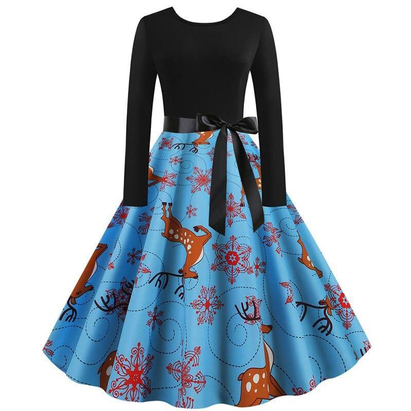 Women Vintage Christmas Dress Elegant Black Print Winter Casual Midi Long Sleeve  Party Dress
