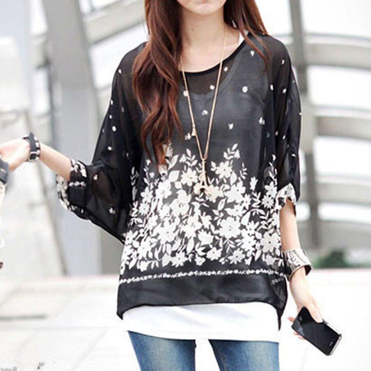 Batwing Sleeve Sheer Chiffon Bohemian Tee Oversized Blouse
