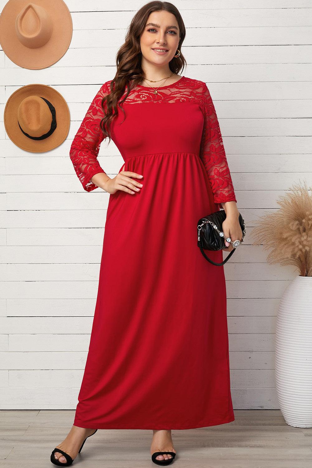 Plus Size 3/4 Lace Sleeve Yoke Maxi Dress