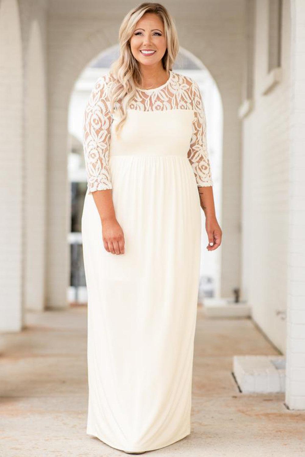 Plus Size 3/4 Lace Sleeve Yoke Maxi Dress