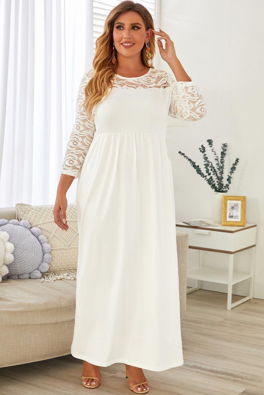 Plus Size 3/4 Lace Sleeve Yoke Maxi Dress