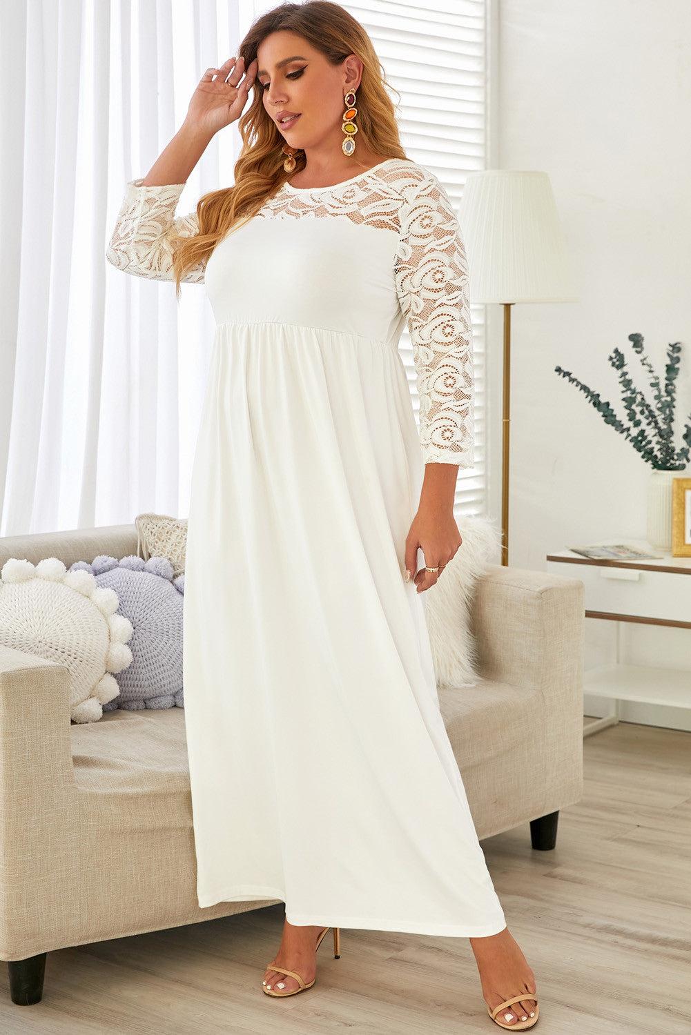 Plus Size 3/4 Lace Sleeve Yoke Maxi Dress