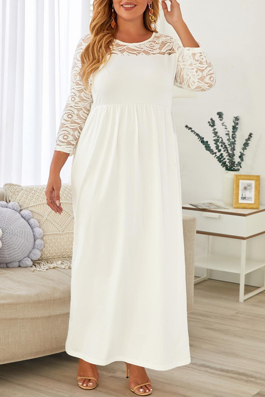 Plus Size 3/4 Lace Sleeve Yoke Maxi Dress