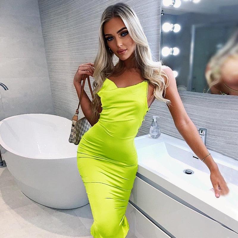 Neon Satin Lace Up Women's Long Midi Dress Light Pink Bodycon Backless Elegant Party  Club Clothes 2022 Summer Dinner Outfit
