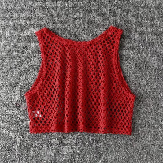 Black/Red Hollow Out Crop Top Mesh T-shirt
