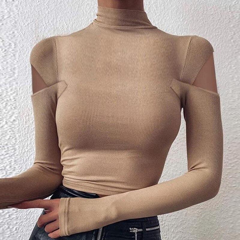Off Shoulder Chain Strap Bodycon Blouse Women Hollow Out Long Sleeve Turtleneck Pullover Top