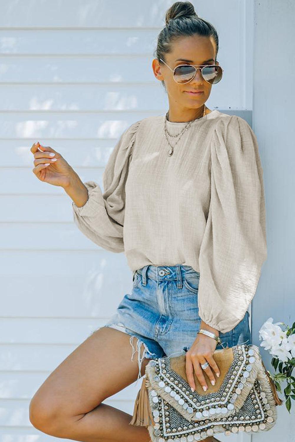 Billowed Sleeve Crew Neck Blouse