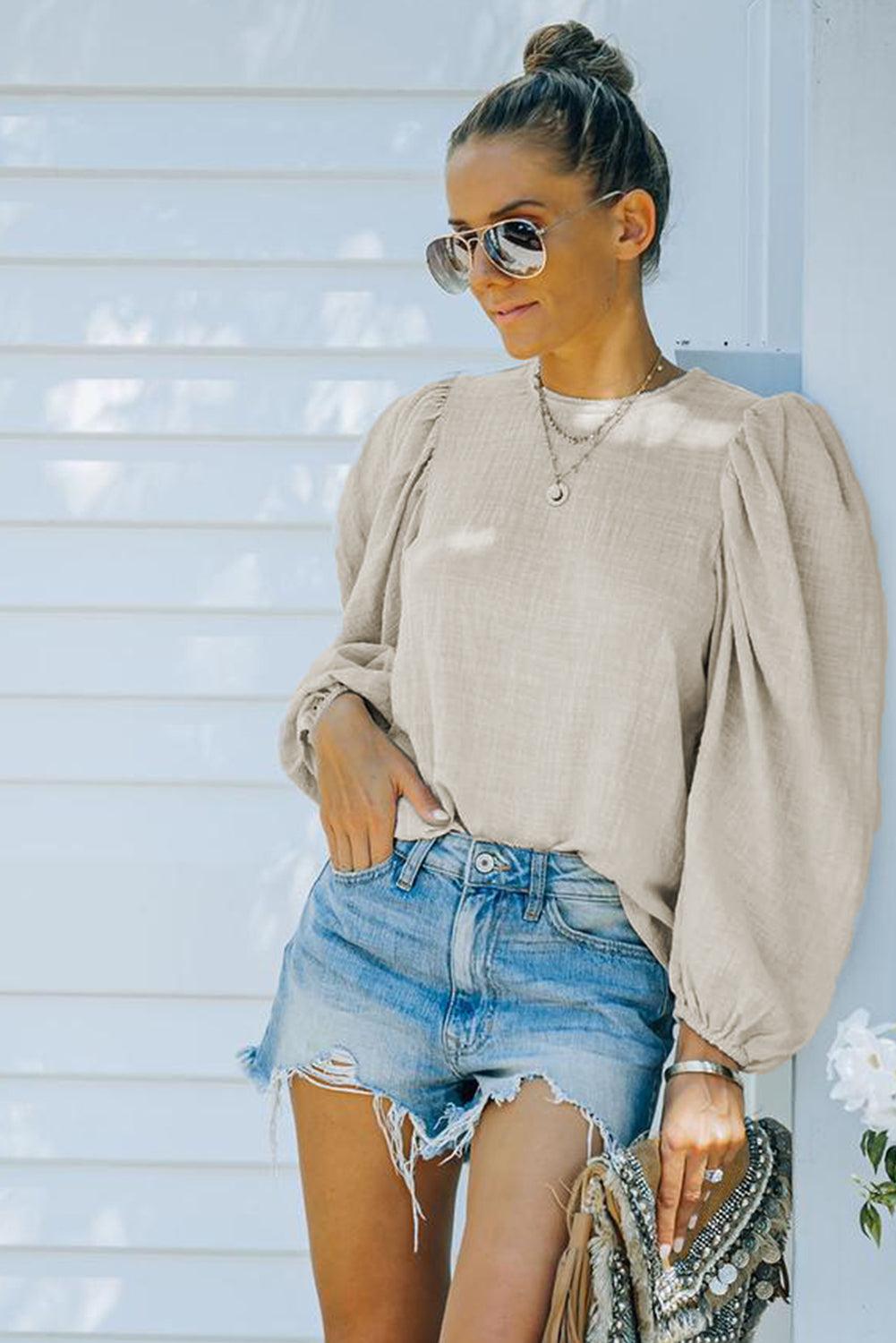 Billowed Sleeve Crew Neck Blouse