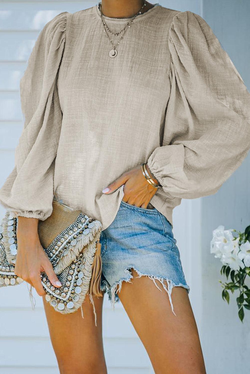 Billowed Sleeve Crew Neck Blouse